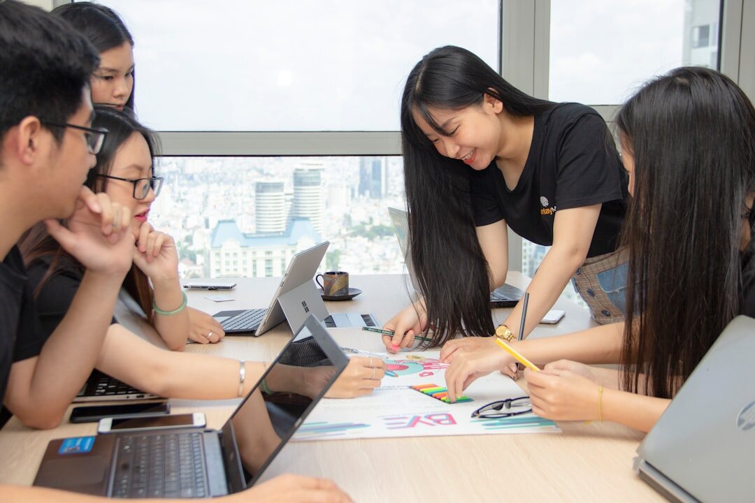 Professionals collaborating during a business workshop session